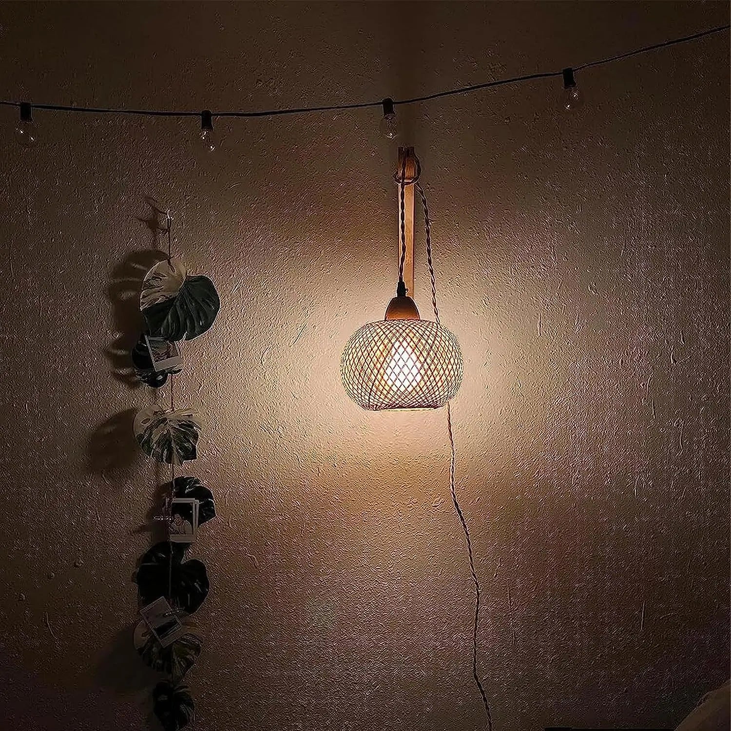 Lanterna de bambu lâmpada de parede natural rattan vime e27 lustres mão-tecido decoração do quarto de bambu abajures luminárias de parede