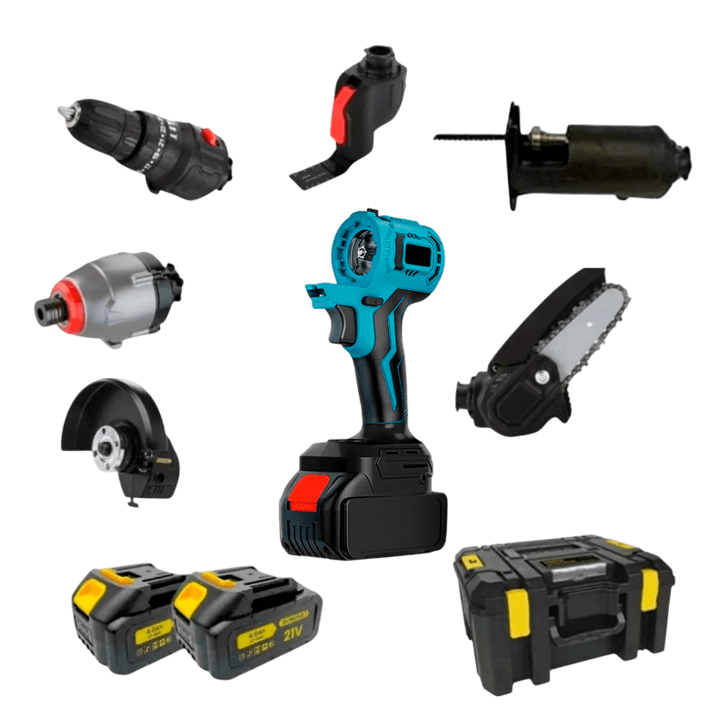 Kit 9 em 1 Multifuncional com Seis Cabeçotes Intercambiáveis – Furadeira, Parafusadeira, Esmerilhadeira, Motosserra, Serra Tico-Tico e Mais - Akada Brasil