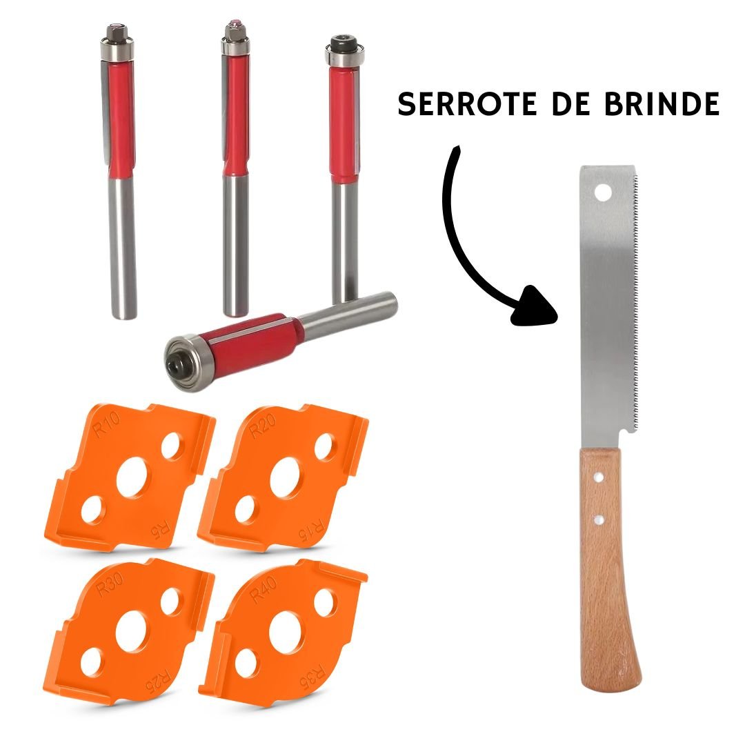 Kit de Gabaritos para Cantos Arredondados + 4 Fresas 6,35mm com Rolamento + Brinde Serrote Japonês - Rounder - Akada Brasil