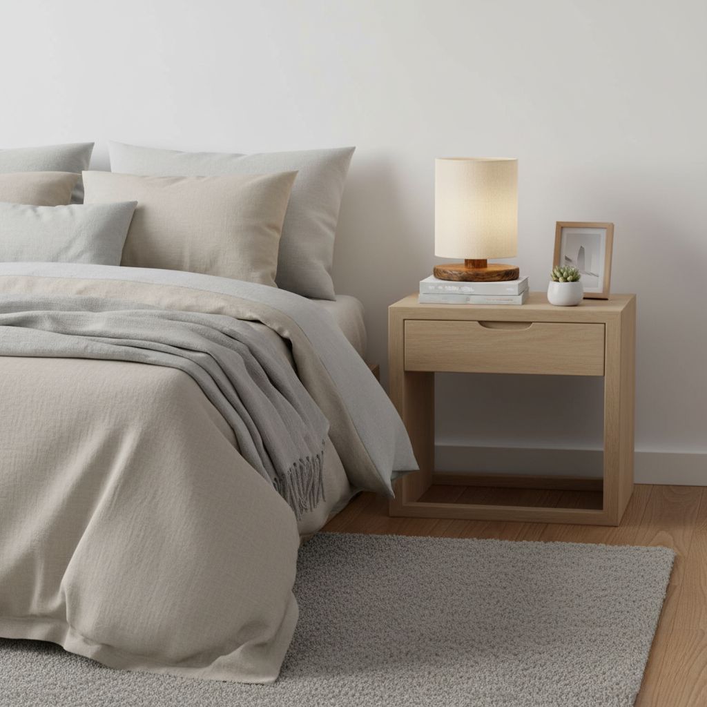 Abajur Luminária de Mesa com Cúpula em Linho Natural - Base em Madeira Pinus