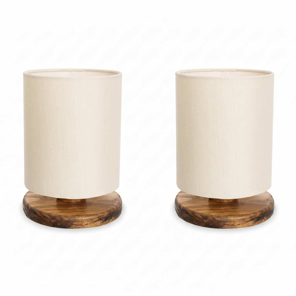 Abajur Luminária de Mesa com Cúpula em Linho Natural - Base em Madeira Pinus