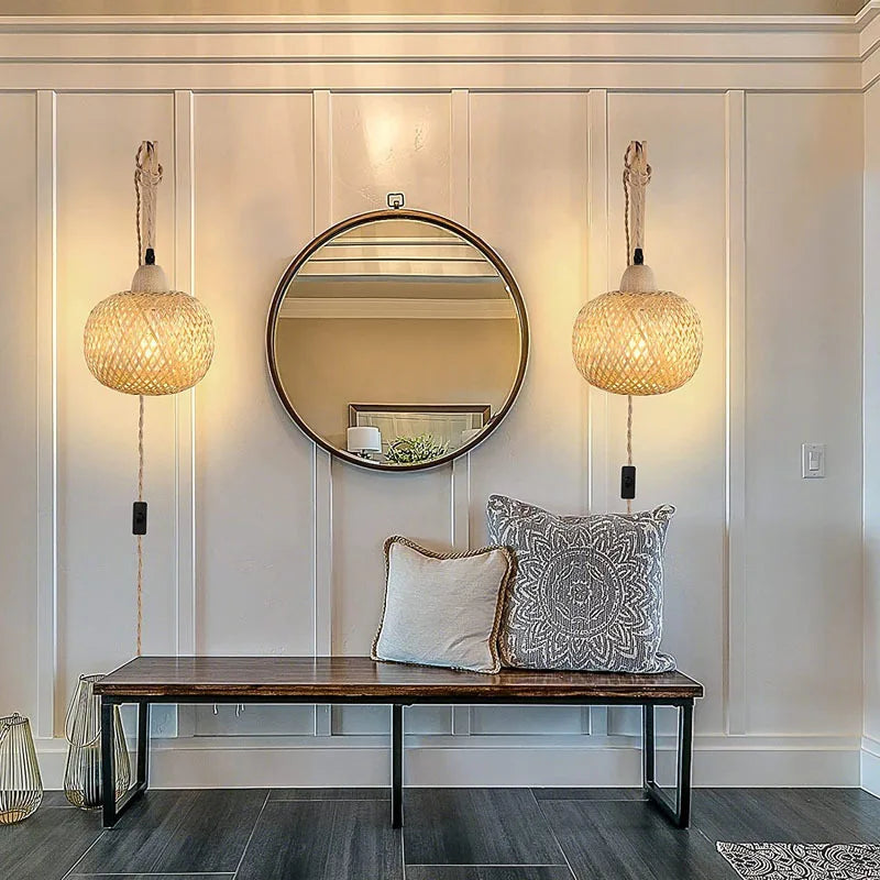 Lanterna de bambu lâmpada de parede natural rattan vime e27 lustres mão-tecido decoração do quarto de bambu abajures luminárias de parede
