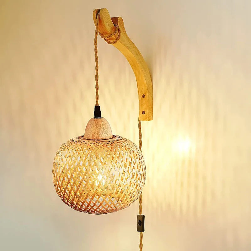Lanterna de bambu lâmpada de parede natural rattan vime e27 lustres mão-tecido decoração do quarto de bambu abajures luminárias de parede