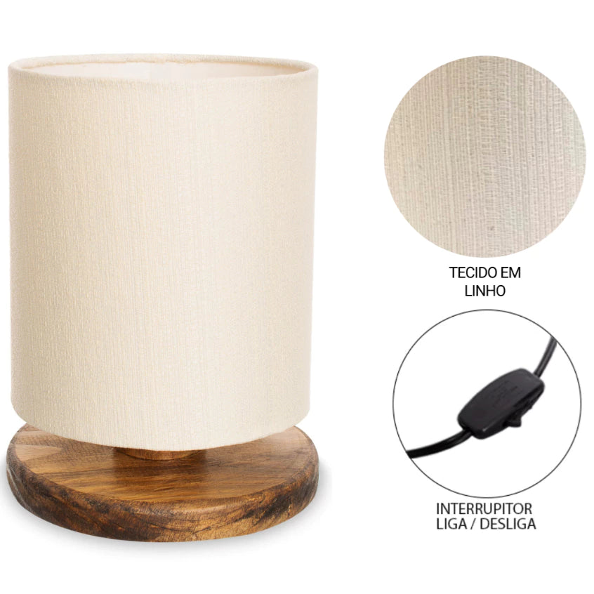 Abajur Luminária de Mesa com Cúpula em Linho Natural - Base em Madeira Pinus