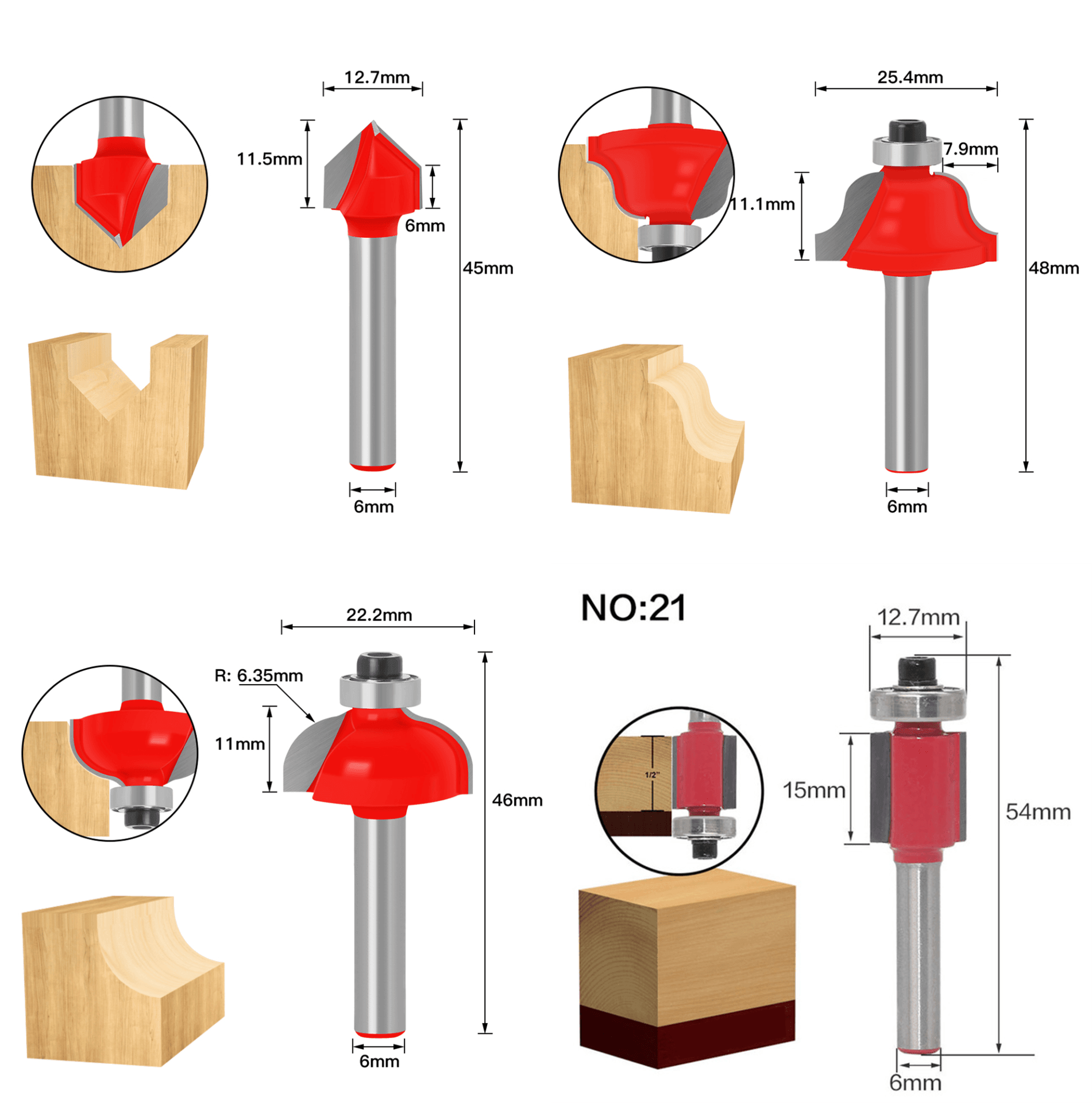 Kit Jogo 12pcs Fresas 6mm para Tupia com Maleta - RouterBox - Akada Brasil