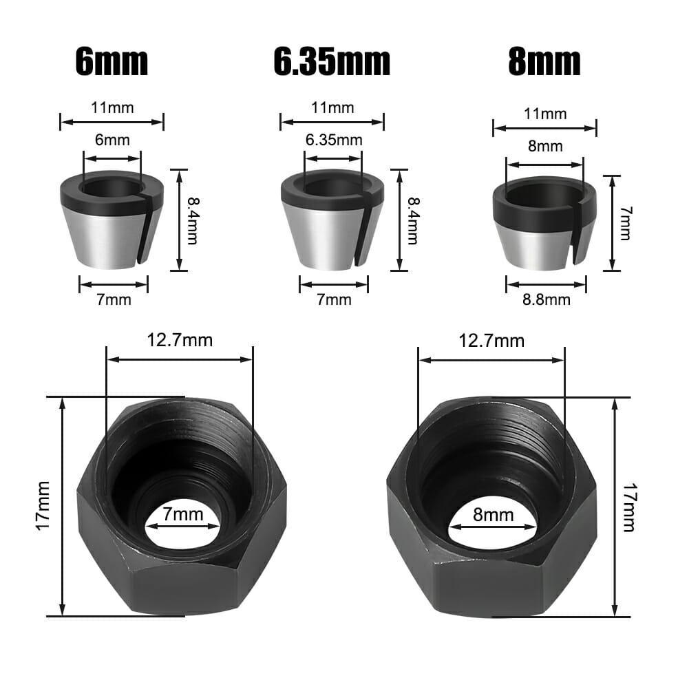 Kit Pinças para Tupia Laminadora – 6mm + 6,35mm (1/4”) + 8mm - Akada Brasil